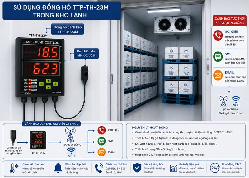 hệ thống cảnh báo nhiệt độ độ ẩm bằng đồng hồ TTP-TH-23M