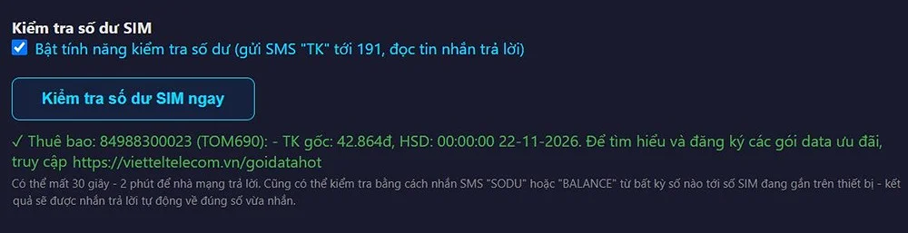 kiểm tra số dư sim điện thoại qua phần mềm